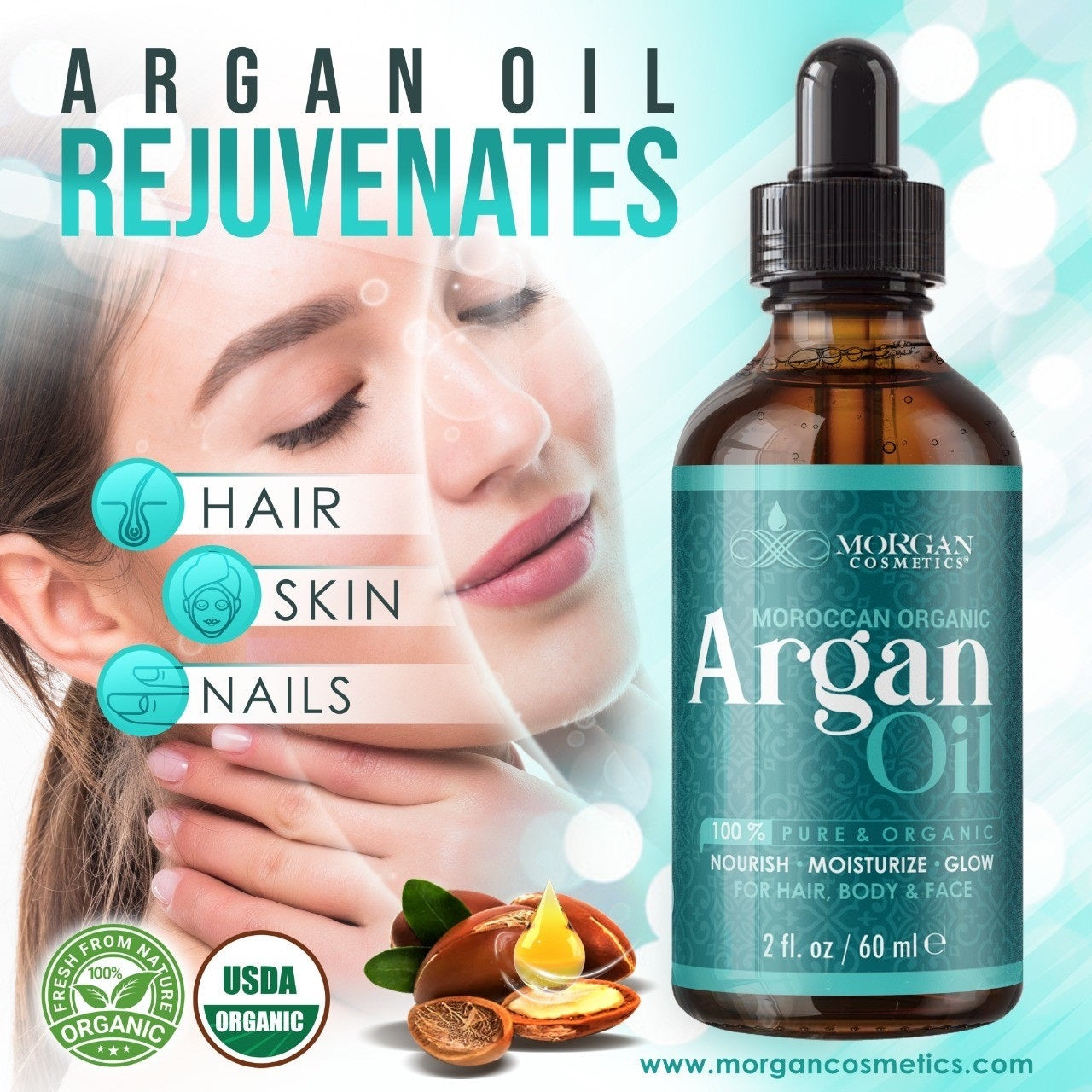Organic Argan Oil For Hair, Skin and Body 2 oz / 60 ml